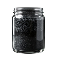 glass jar filled with black beads on transparent background