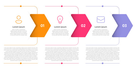 Wall Mural - A clean infographic template with 3 rectangular elements arranged horizontally, each featuring a chevron design to represent the three-step business development process.