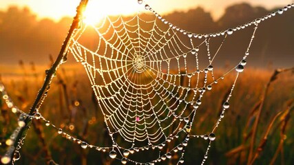 Magical Morning Dew: Captivating Spiderweb Glistening at Sunrise in the Wilderness