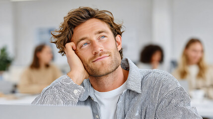 Thoughtful young professional thinking at work in modern tech office — businessman daydreaming workspace banner