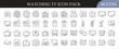© Md - Watching TV and Entertainment Line Icon Set - Collection of 48 outline icons featuring television, movies, popcorn, drinks, and entertainment elements for media, streaming, and leisure themes.