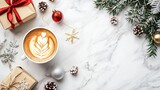 Cozy up this holiday season with a warm cup of coffee adorned with beautiful latte art, surrounded by festive decorations and gifts that evoke a sense of joy and warmth.