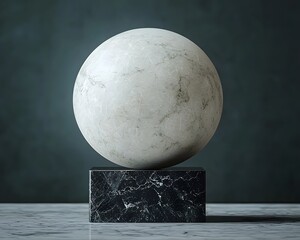 Wall Mural - a white marble sphere rests elegantly on a dark black marble pedestal in a softly lit studio