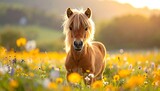 Adorable pony in a field of wildflowers at sunset
