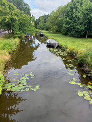 Wall Mural - picturesque view of canal with moored boats outdoors