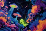 Un alienígena contemplando un exuberante jardín de hongos luminiscentes bajo la luz de una nave espacial.