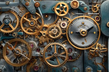 Wall Mural - intricate clockwork mechanism with gold and silver gears, showcasing the complexity of timekeeping t