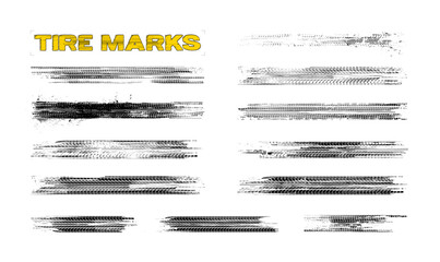 Canvas Print - Set of Grunge Tire Track Marks Isolated on White Background. Collection of grunge tire marks and wheel track textures in black. Isolated skid patterns for automotive, racing, and design use. Vector