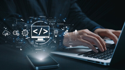 Modern web development concept featuring coding symbols, web development process, web development interface, and web development tools with futuristic design. Elide