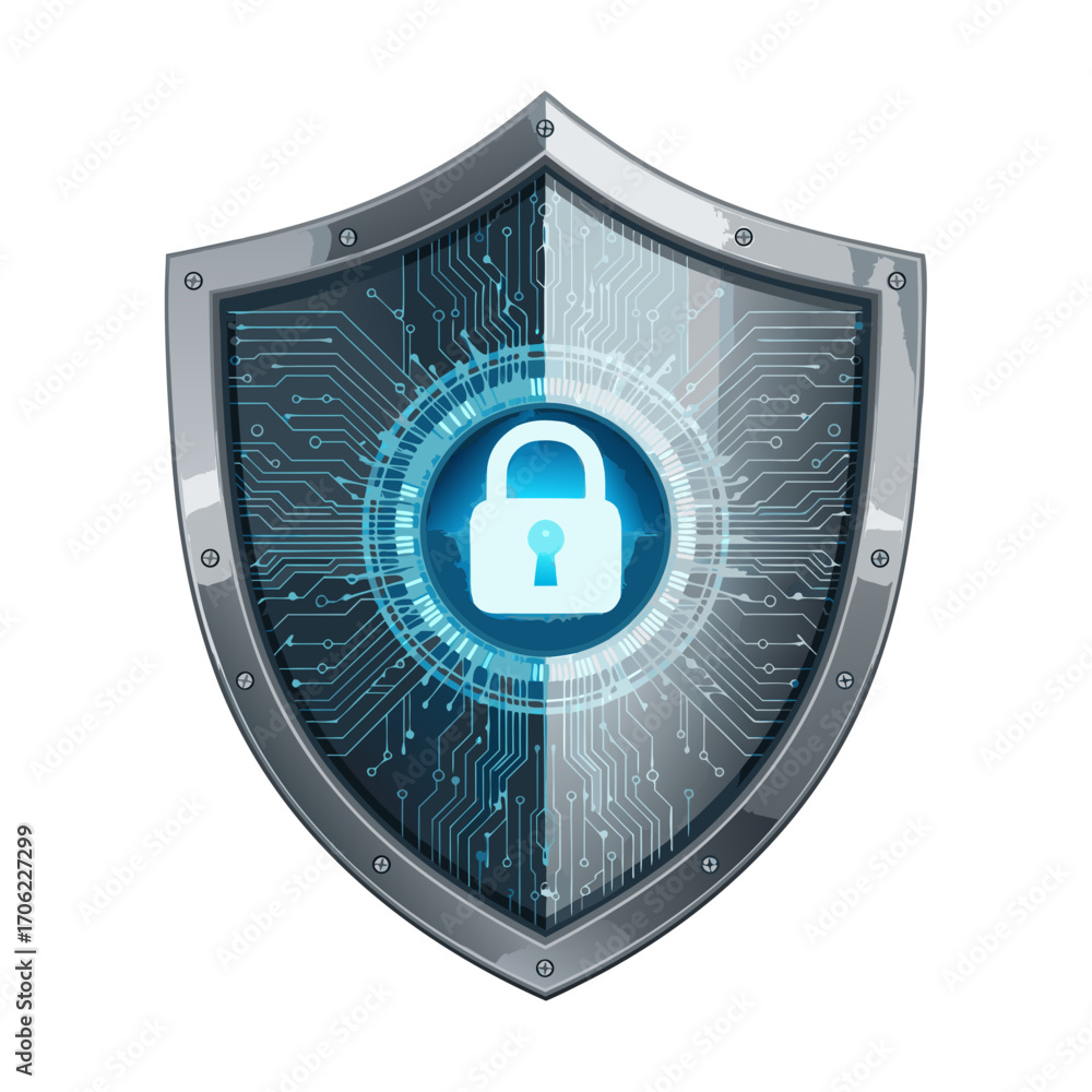 Digital shield with glowing padlock and circuit board symbolizes ...