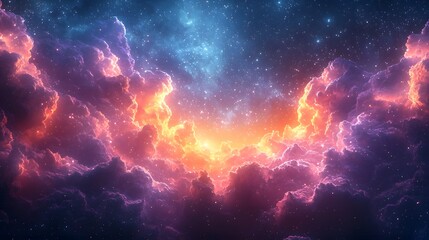 Wall Mural - a vibrant cosmic nebula with glowing clouds of purple blue and orange surrounding a starry void crea