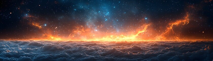 Wall Mural - a spectacular cosmic horizon displaying luminous nebulae and energetic celestial phenomena above a t