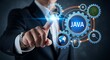 © Shayful Islam GFX - Businessman touching virtual screen with java hexagon and icons, representing programming language, software development, and application in modern technology