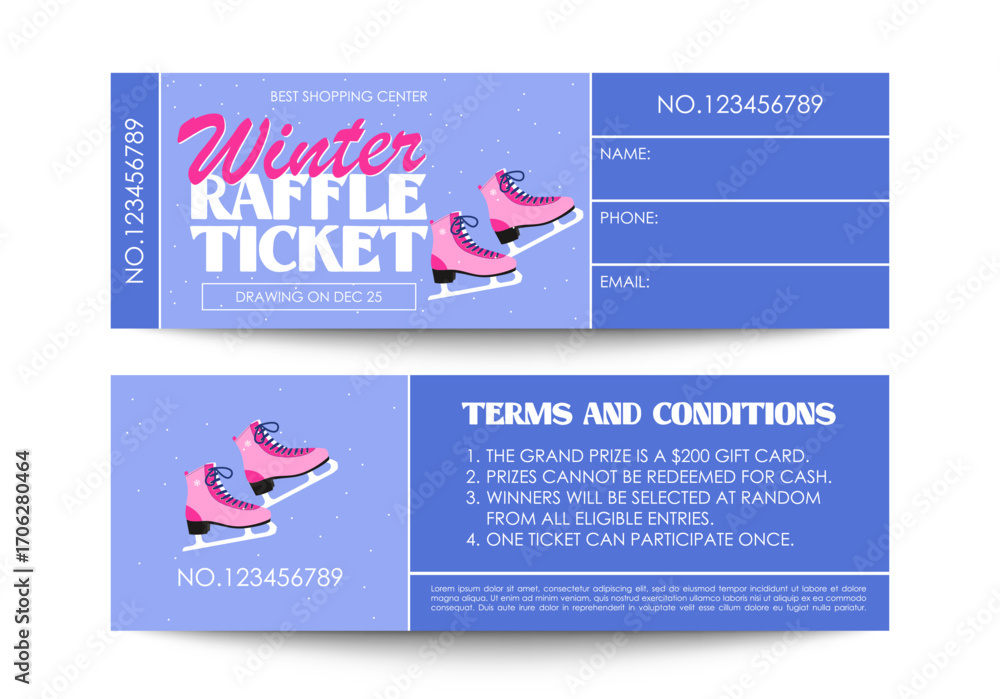 Winter Raffle Ticket Winter raffle ticket design. Lottery ticket template with ice skates ...