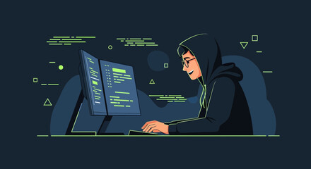Smiling Hacker Working On Dual Screen Computing Interface Concept Illustration