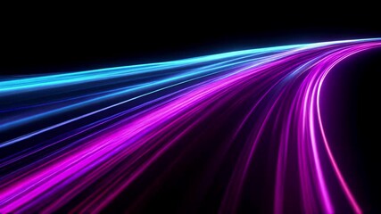 Wall Mural - Dynamic video concept with neon light trails in motion. Captured from a low angle, showcasing vibrant pink and blue streaks on a dark background. Live desktop wallpaper.