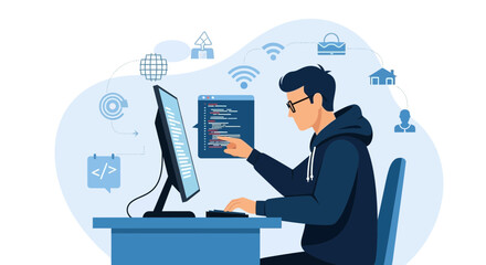 Software Developer Working On Computer Coding And Programming In Modern Office Setting
