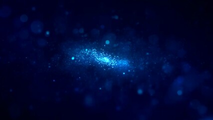 Abstract blue glowing particles and bokeh lights in a dark cosmic nebula background 4k video