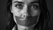 © miss irine - Black, white portrait of woman with mouth covered by duct tape, silence, restriction, struggle for expression. Close-up emphasizes eyes, conveying emotions of anxiety, fear, powerlessness in societal