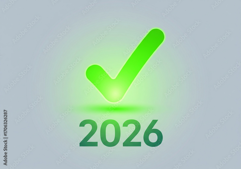 Bright green checkmark glowing above the year 2026, symbolizing success ...