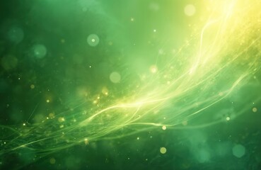 Wall Mural - Abstract green, yellow blurred background with soft light effects, bokeh particles. Wavy lines create magical, futuristic energy flow, suitable for technology, holiday themes. Gentle gradient creates