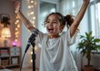 © Ilya - Excited hispanic girl singing into microphone at home with joyful expression