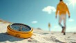 © miss irine - Yellow compass rests on sandy beach with person walking in background under bright blue sky. Symbolizes direction, exploration, adventure, and journey. Focuses on outdoor activity and discovery.