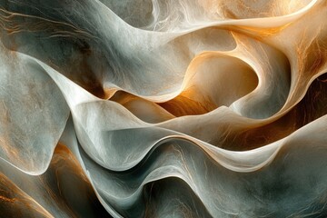 Wall Mural - Abstract art depicting flowing, translucent, grey and gold waves, creating a mesmerizing, ethereal visual.