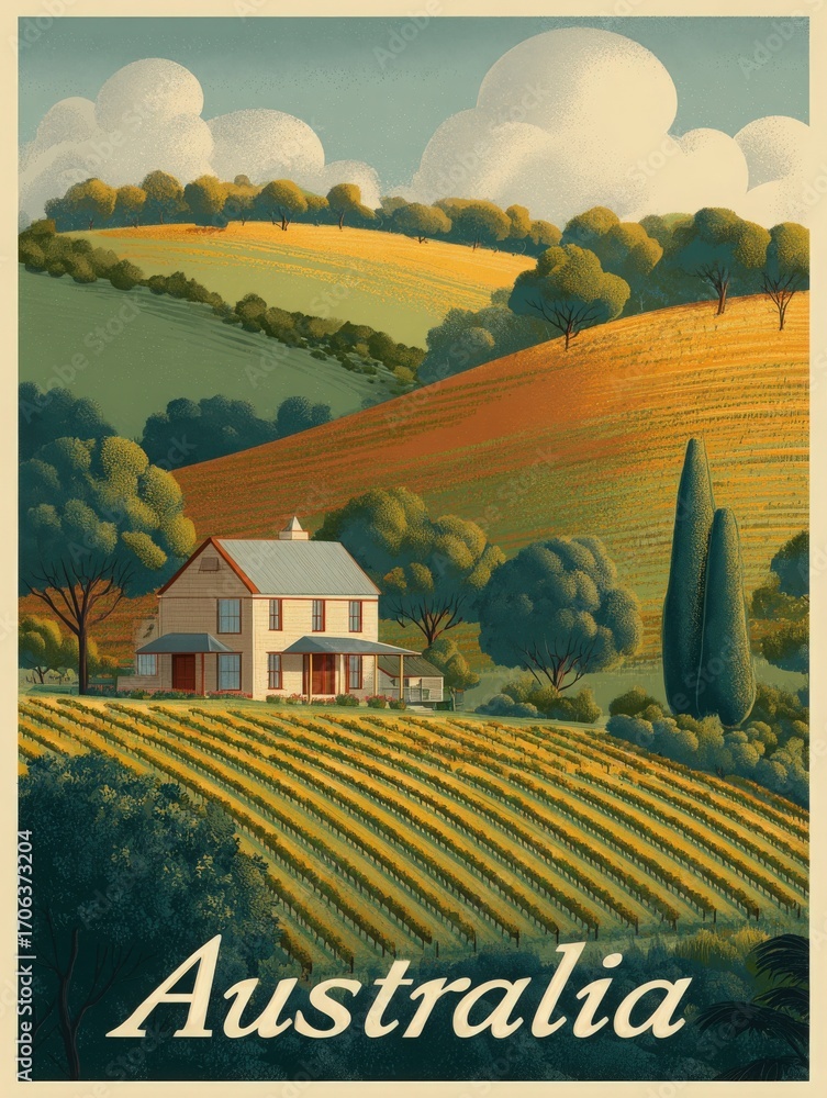 A charming house sits in the foreground of rolling hills covered in lush greenery and golden fields.