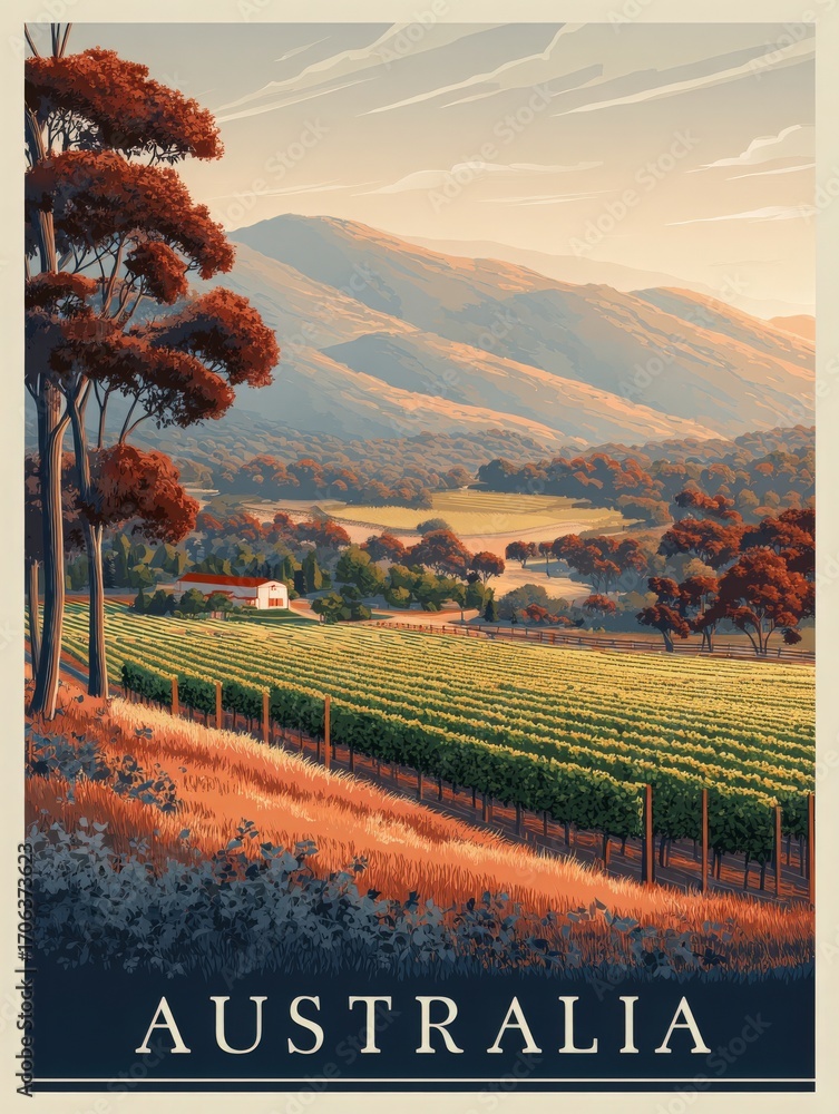 Warm sunlight bathes a picturesque vineyard in Australia, surrounded by rolling hills and eucalyptus trees. The scene captures the peacefulness of rural life at sunset, creating a serene atmosphere.