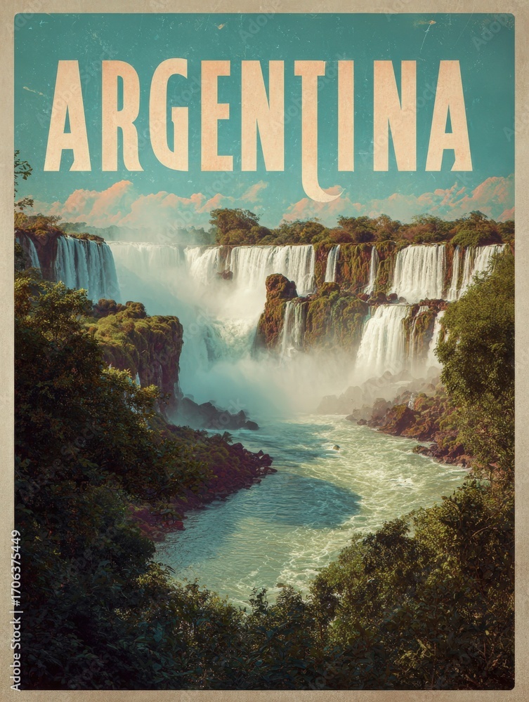 Iguazu Falls in Argentina showcases majestic waterfalls surrounded by lush greenery. The scene captures the beauty of nature, with mist rising from the water and sunlight illuminating the landscape.