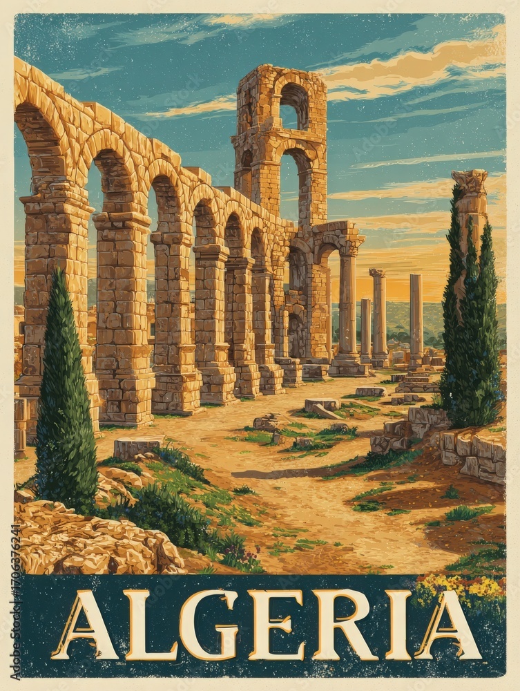 The scene features magnificent stone ruins in Algeria, showcasing tall columns and arches. The warm colors of the setting sun illuminate the area, highlighting the historical beauty.