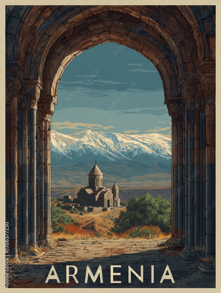A stunning view of an Armenian monastery framed by ancient stone arches. Snow-capped mountains rise majestically in the background beneath a bright blue sky.