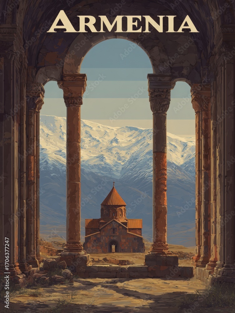 Breathtaking view of Armenia showcasing ancient church under grand pillars. Snow-capped mountains stand tall in the background, creating a peaceful and majestic scene.