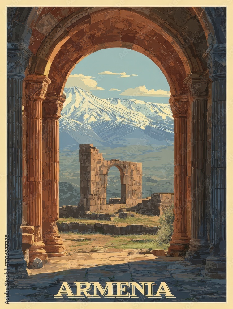 Historical stone arches frame a stunning view of the mountains in Armenia. The sky is clear, highlighting the landscapes natural beauty and rich history.