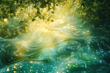 Wall Mural - enchanted forest stream, swirling green water, sunlight filtering through leaves, magical scene.