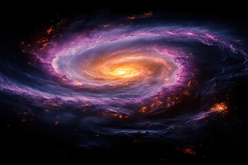 Wall Mural - a mesmerizing spiral galaxy, vibrant purple and orange hues, cosmic dust and fiery stars swirling in