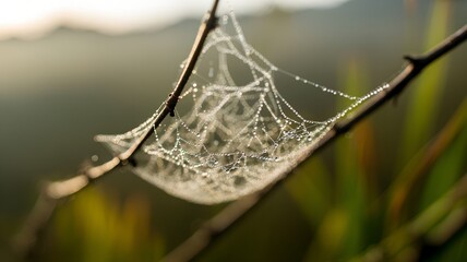 Macro view of dew-covered spider web glistening in morning sunlight, sparkling droplets on delicate strands with warm green and yellow bokeh, hyper-detailed nature close-up