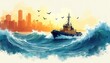 © miss irine - Tugboat navigates stormy sea toward coastal city skyline at sunset. Illustration blends maritime transport with urban development, wave energy solutions, green innovation for sustainable future.