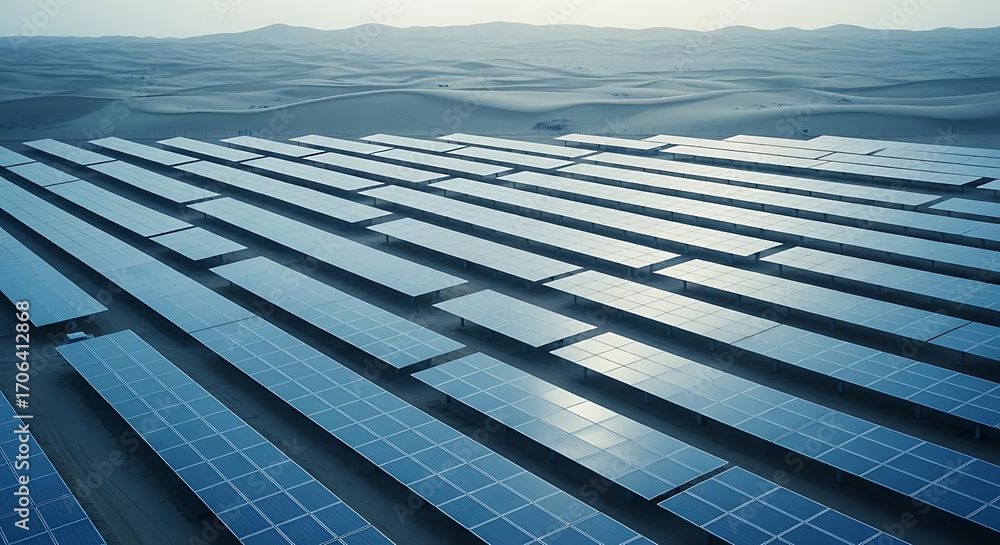 Aerial view of a large solar panel farm in a desert landscape under a ...