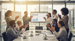 © Ivul - Business team celebrates success in conference room, applauding at a successful presentation with 'Success' on screen, teamwork