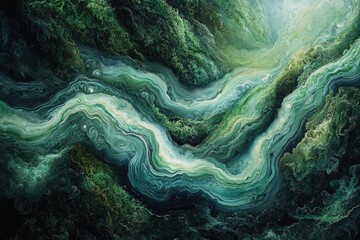 Wall Mural - Abstract artwork depicting swirling, green, and teal waves resembling a flowing, organic, natural landscape.