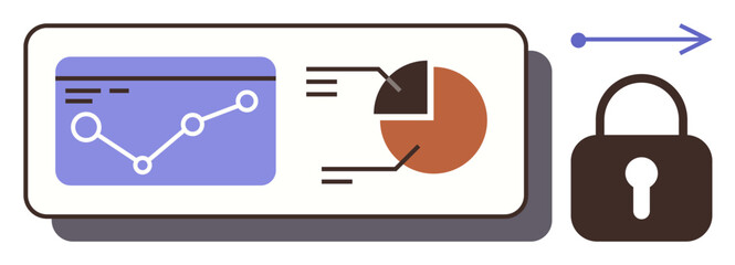 Wall Mural - Data screen with line chart, pie chart, arrow, and lock emphasizing secure data, cybersecurity, analytics, privacy, technology workflow and business. Ideal for corporate IT future technology