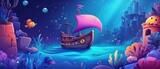 Cartoon underwater ship and castle illustration