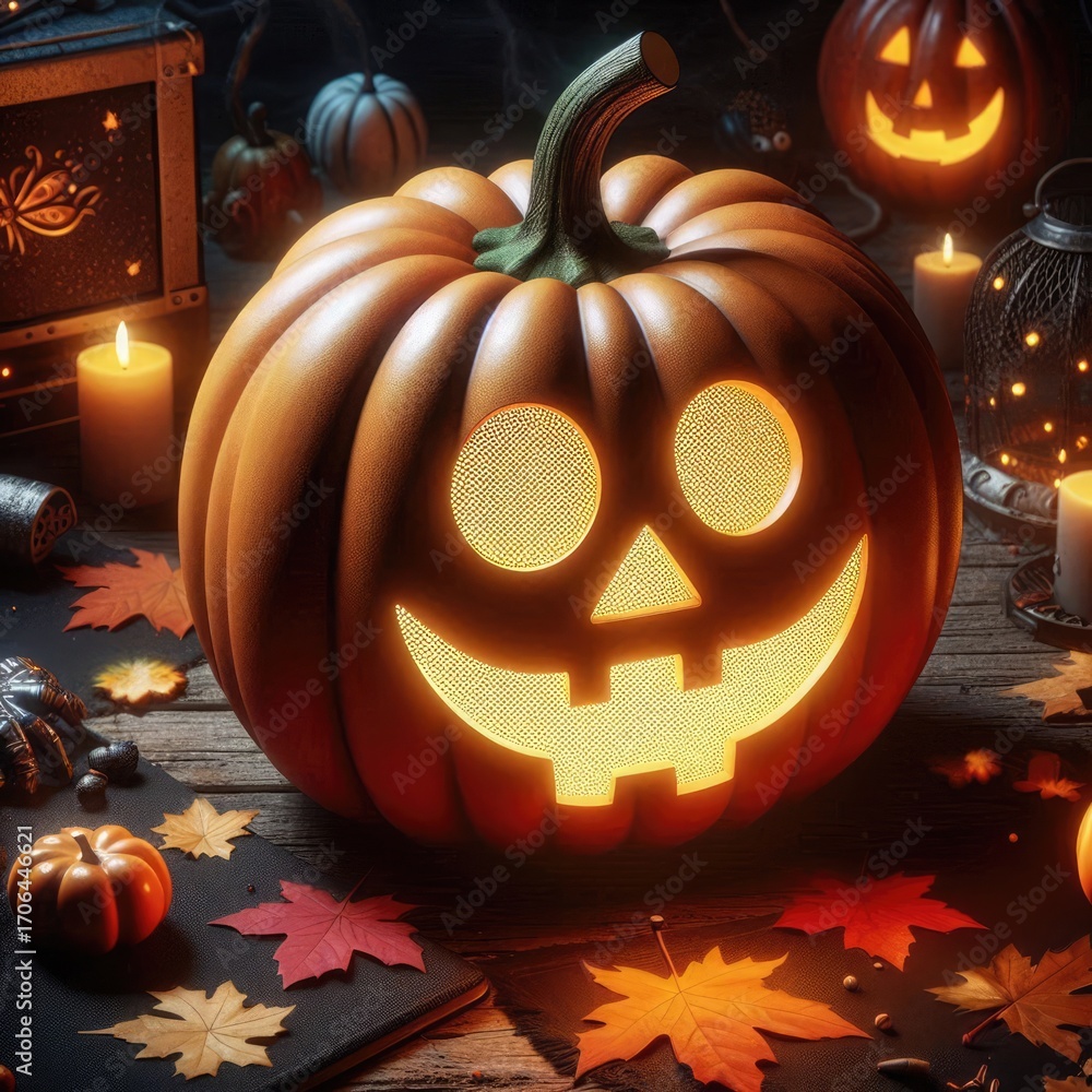 glowing jack o lantern surrounded by autumn leaves, candles, and cozy ...