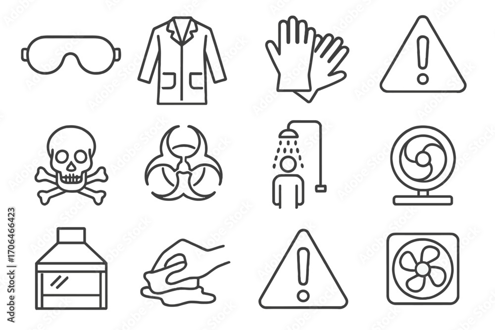 Lab Safety Icons. Line style icons of lab safety: safety goggles, lab ...