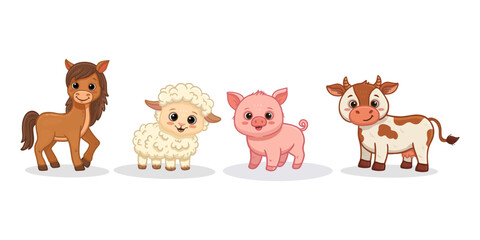 Wall Mural - Set of cartoon cute animals. Funny horse, lumb, sheep, cow and pig. Funny animals for magazines, postcards, cards. Vector illustration