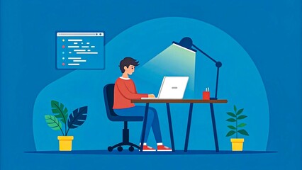 Young programmer working late night on laptop with desk lamp and code on screen in modern workspace home office illustration background