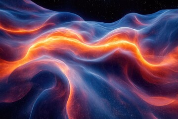 Wall Mural - abstract cosmic landscape with flowing, luminous, orange and blue energy waves against a dark starry