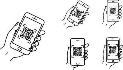 QR code scanning icon in smartphone. hand holding Mobile phone in line style, barcode scanner for pay, web, mobile app, promo. Vector illustration.